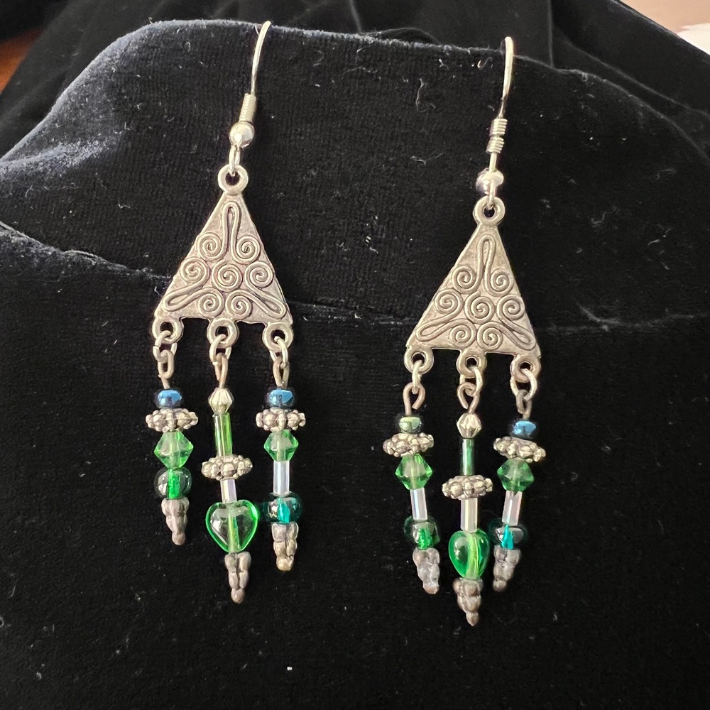 Whimsigoth Silver Green Glass Bead Heart Dangle Earrings Witchy Gypsy Mystical